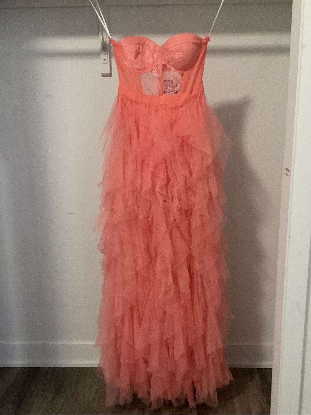 Fashion Nova Coral Pink Strapless Ruffled Tulle Gown